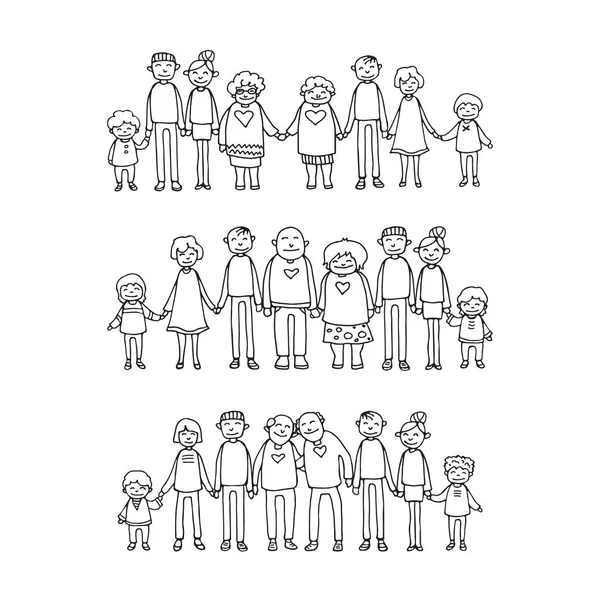 快乐的家庭象征 祖父母和有孩子的父母被孤立在白色背景 荣誉家庭和异性恋家庭 同性恋夫妇带着孩子 白种人家庭涂鸦风格 — 图库矢量图片