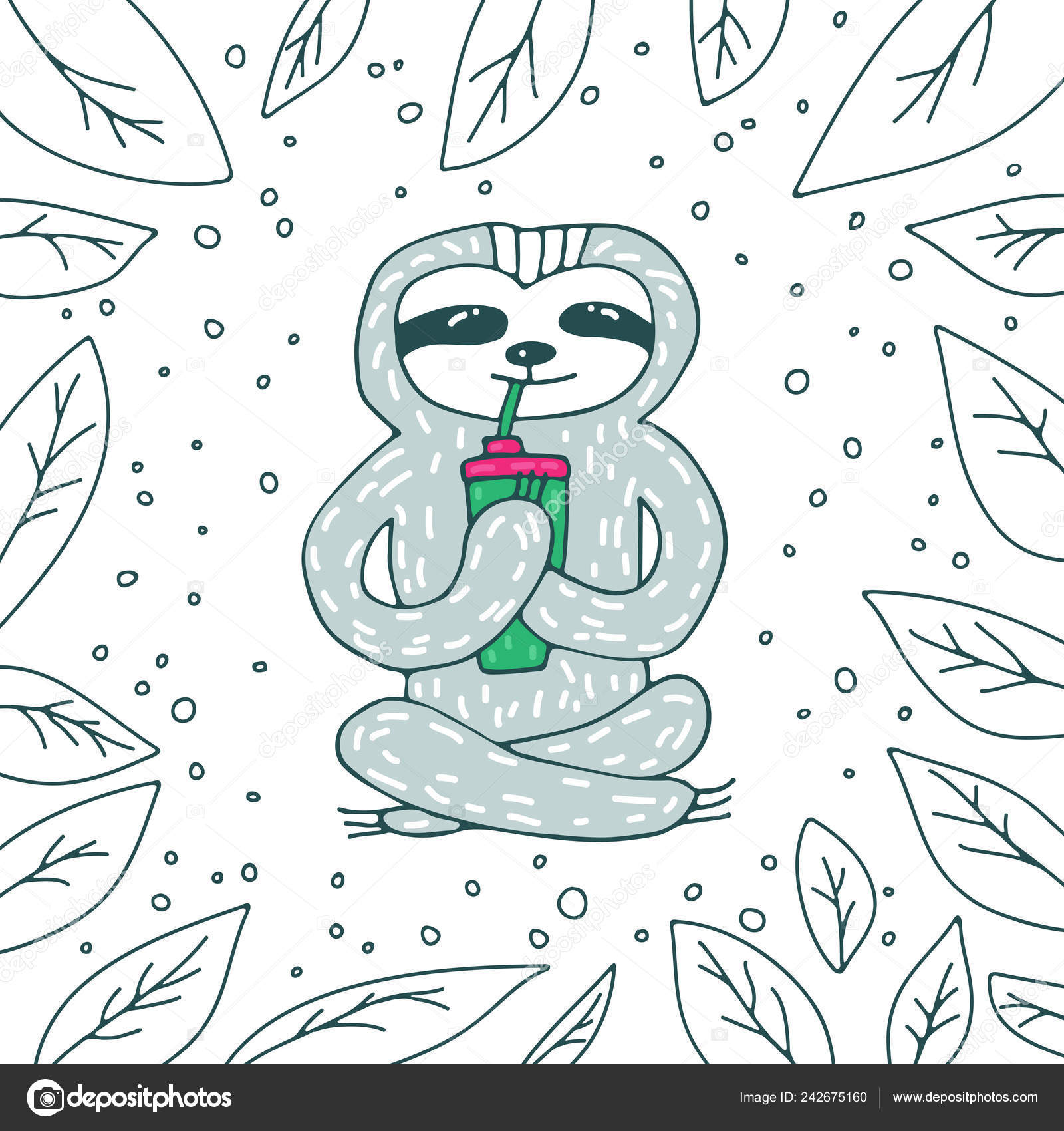 Cute Sloth Coffee White Background Leaves Hand Drawn Style Design Stock