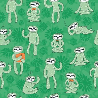Seamless pattern with cute sloths. Hand drawn style. Design element for gift wrap, wallpaper and fabric clipart