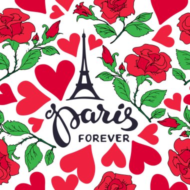 Paris Eyfel Kulesi silueti ile çizilmiş yazı ver. Seamless modeli. Kumaş, duvar kağıdı veya ambalaj kağıdı için öğe tasarlayın. Romantik illüstrasyon.