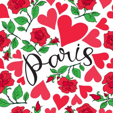 Paris gül siluet ile çizilmiş yazı ver. Seamless modeli. Kumaş, duvar kağıdı veya ambalaj kağıdı için öğe tasarlayın. Romantik illüstrasyon.