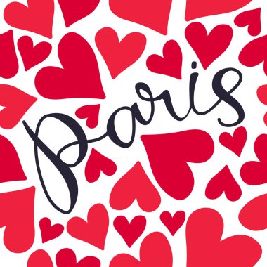 Paris kırmızı kalpler ile çizilmiş yazı ver. Seamless modeli. Kumaş, duvar kağıdı veya ambalaj kağıdı için öğe tasarlayın. Romantik illüstrasyon.