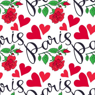 Paris kırmızı gül ile çizilmiş yazı ver. Seamless modeli. Kumaş, duvar kağıdı veya ambalaj kağıdı için öğe tasarlayın. Romantik illüstrasyon.