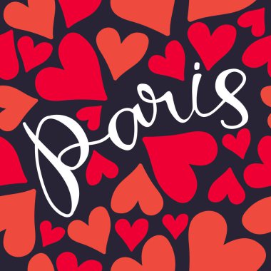 Paris kırmızı kalpler ile çizilmiş yazı ver. Seamless modeli. Kumaş, duvar kağıdı veya ambalaj kağıdı için öğe tasarlayın. Romantik illüstrasyon.