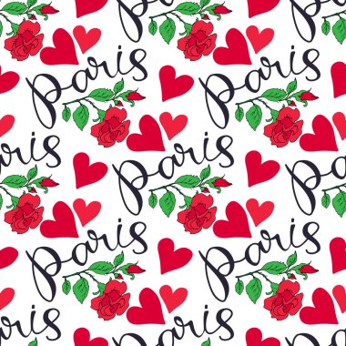 Paris kırmızı gül ile çizilmiş yazı ver. Seamless modeli. Kumaş, duvar kağıdı veya ambalaj kağıdı için öğe tasarlayın. Romantik illüstrasyon.