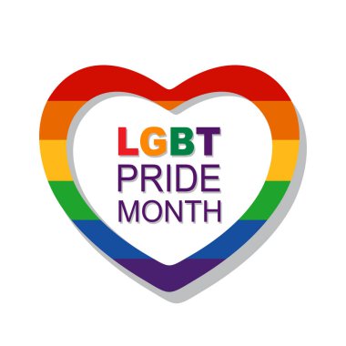 Gökkuşağı kalp çerçevesi beyaz arka planda izole edilmiş. LGBT gurur ayı. Eşcinsel hakları sembolü. Kavramsal vektör çizimi. Etiket, broşür, poster için düz tasarım ögesi.