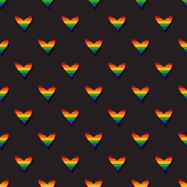 Eşcinsel gökkuşağı kalpleriyle kusursuz bir desen. LGBT gurur sembolü. Kumaş, pankart, duvar kağıdı veya hediye paketi için tasarım ögesi.