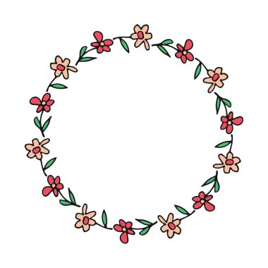 Çember çerçeve ve çiçek süsü. Vektör çizimi. Tebrik kartı, poster, broşür, broşür, kapak için tasarım ögesi.