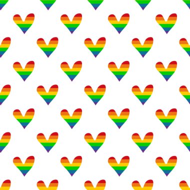 Eşcinsel gökkuşağı kalpleriyle kusursuz bir desen. LGBT gurur sembolü. Kumaş, pankart, duvar kağıdı veya hediye paketi için tasarım ögesi.