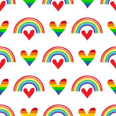 Eşcinsel gökkuşağı kalpleriyle kusursuz bir desen. LGBT gurur sembolü. Kumaş, pankart, duvar kağıdı veya hediye paketi için tasarım ögesi.