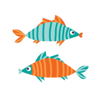 Beyaz arka planda izole edilmiş şirin deniz balıkları. Su altı yaşamı. Düz dizayn. Vektör çizimi. Tebrik kartı, poster, kapak, broşür için tasarım ögesi.