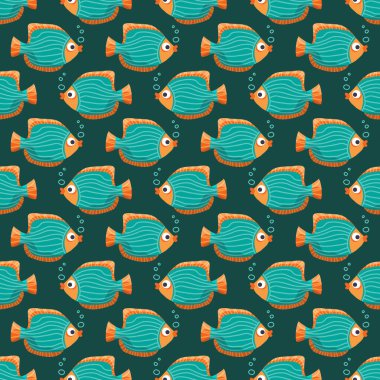 Deniz balıklarıyla kusursuz desen. Su altı yaşamı. Düz dizayn. Vektör çizimi. Kumaş, duvar kağıdı veya ambalaj kağıdı için tasarım ögesi.