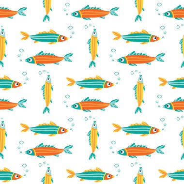 Deniz balıklarıyla kusursuz desen. Su altı yaşamı. Düz dizayn. Vektör çizimi. Kumaş, duvar kağıdı veya ambalaj kağıdı için tasarım ögesi.