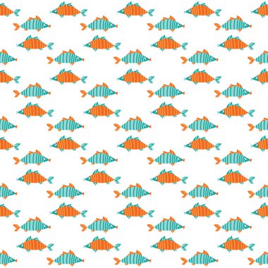 Deniz balıklarıyla kusursuz desen. Su altı yaşamı. Düz dizayn. Vektör çizimi. Kumaş, duvar kağıdı veya ambalaj kağıdı için tasarım ögesi.