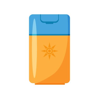 Beyaz arka planda izole edilmiş güneş kremi. Cilt için güneş ultraviyole ışığından koruma. Broşür, broşür veya çıkartma için tasarım ögeleri. Düz tasarım.