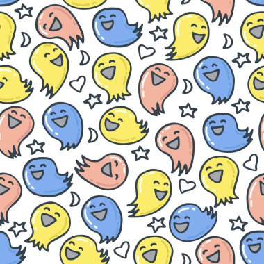 Cadılar Bayramı hayaletleriyle kusursuz bir düzen. Vektör çizimi. Pankart, duvar kağıdı, ambalaj kağıdı, kumaş için tasarım ögesi.