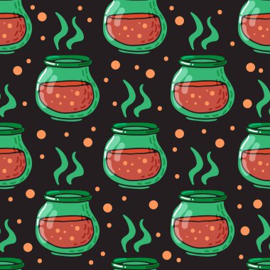 Cadılar Bayramı iksiriyle kusursuz desen. Vektör çizimi. Pankart, duvar kağıdı, ambalaj kağıdı, kumaş için tasarım ögesi.