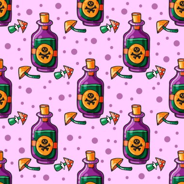 Cadılar Bayramı iksiriyle kusursuz desen. Vektör çizimi. Pankart, duvar kağıdı, ambalaj kağıdı, kumaş için tasarım ögesi.