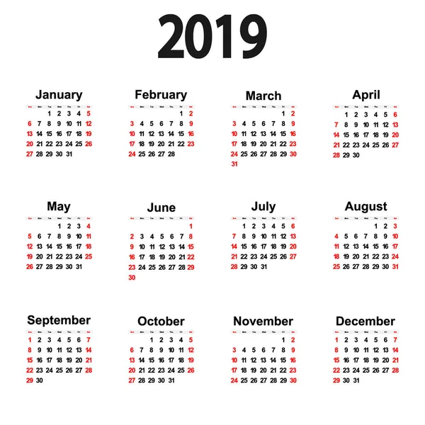 Grande nuovo calendario da parete 2019. Illustrazione vettoriale — Vettoriale Stock