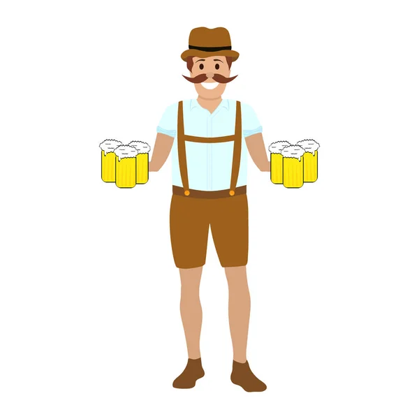 Homem hilariante com canecas de cerveja às mãos — Vetor de Stock