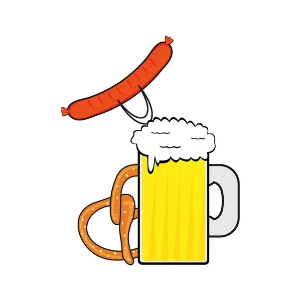 啤酒, 香肠和椒盐脆饼 — 图库矢量图片