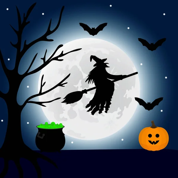 A bruxa voa à noite no Halloween, e uma poção e uma lanterna de abóbora estão próximas. Ilustração vetorial —  Vetores de Stock