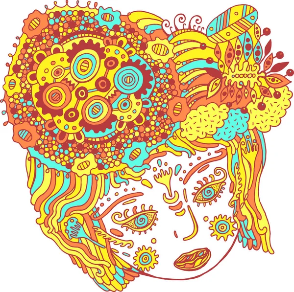 Сказка Сюрреалистическая Девушка Красочный Психоделический Портрет Дудл Сюрреалистическая Голова Женщины — стоковый вектор