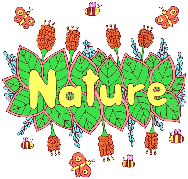 Palavra Natureza Arte Lettering Colorido Doodle Desenhos Animados Arte Ilustração —  Vetores de Stock