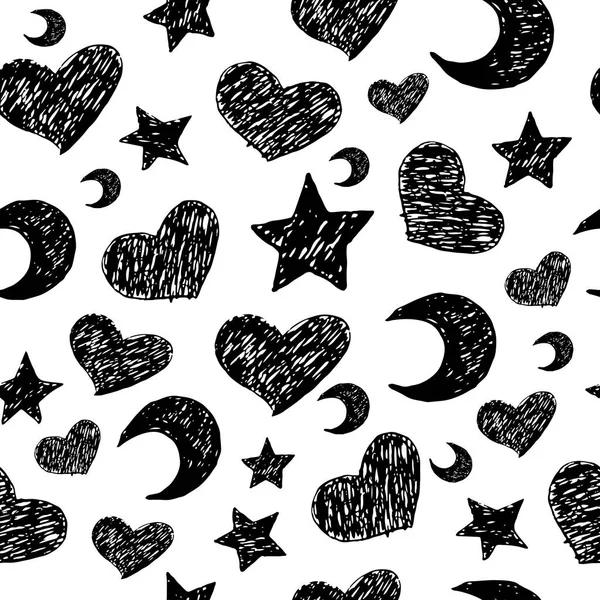 Doodle Seamless Pattern Stars Moons Hearts Hand Drawn Ink Background — Stock Vector