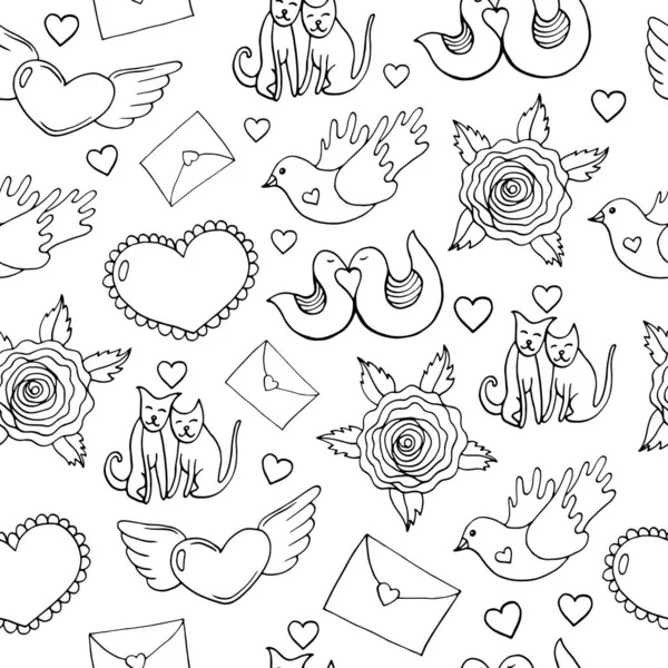 Розмальовка Дорослих Сторінок День Святого Валентина Безшовний Візерунок Серцями Птахами — стоковий вектор