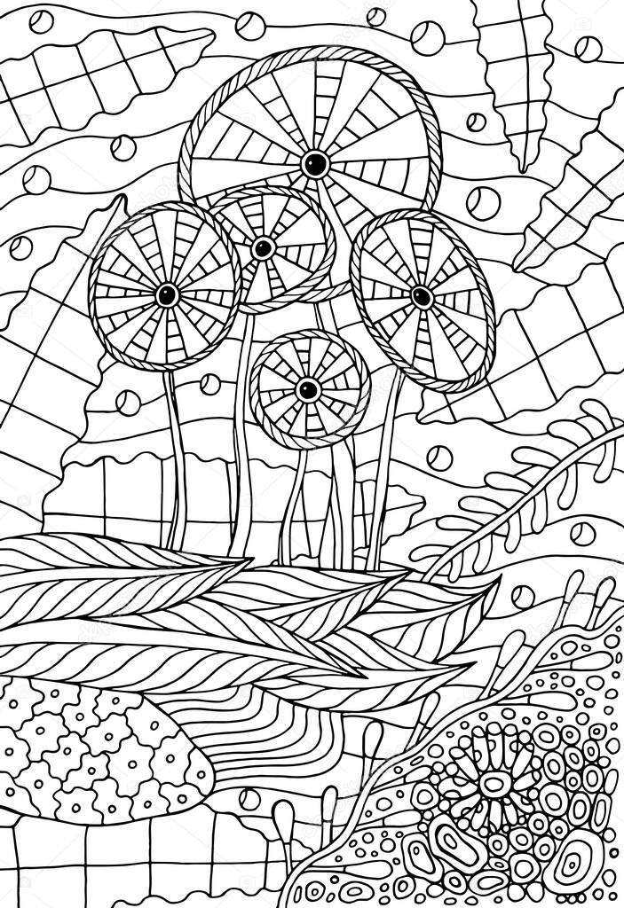 Coloring page for adults. Doodle illustration with ocean seaweed. Creative vector illustration. Line drawing. Underwater world. Wild sea nature. Marine landscape.