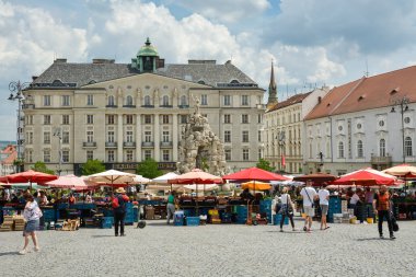 Brno, Çek Cumhuriyeti - 28 Mayıs 2018: insanlar satın alma taze sebze ve meyve merkezi Brno, Çek Cumhuriyeti Mayıs 2018 sırasında meşgul lahana piyasada