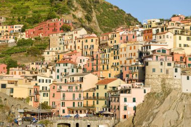 Manarola, İtalya - 29 Haziran 2018: Yaz aylarında 2018 Manarola, İtalya renkli evler görünüm