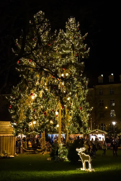 瑞士伯尔尼 2018年12月1日 2018年12月美丽的夜晚 瑞士伯尔尼传统圣诞市场上的高大圣诞树 — 图库照片