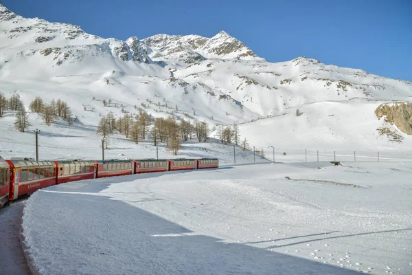 Tipico treno rosso Bernina Express che attraversa i passi del Bernina — Foto Stock