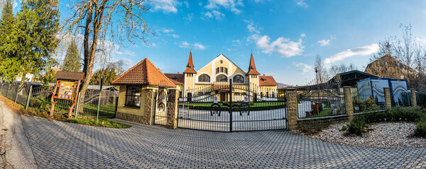 Historic building of national stud farm, Topolcianky, Slovak republic. Architectural theme. Travel destination. Panoramic photo.