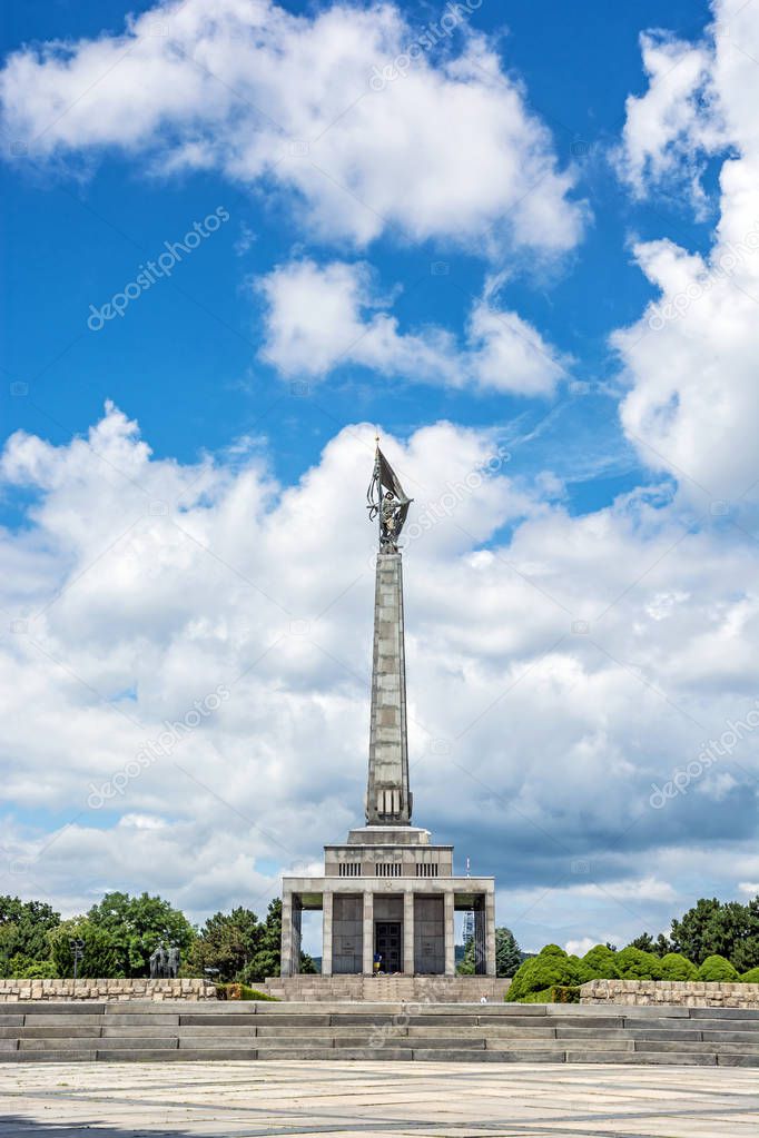 Slavin is the memorial monument and military cemetery in Bratislava, the capital of Slovak republic. Cultural heritage. Architectural theme. Russian soldier statue and cloudy sky.