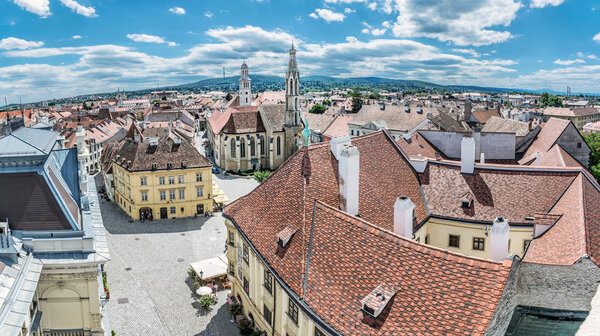 Historic Main square from Fire tower, Sopron, Hungary. Panoramic photo. Travel destination. Architectural theme.