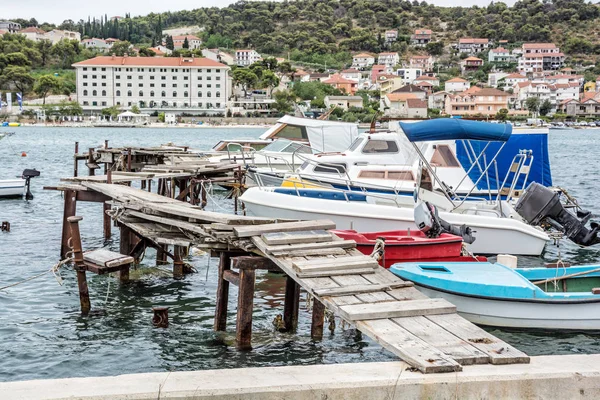 Wooden Pier Boats Harbor Trogir Croatia Travel Destination Sunset Scene — Stock Photo, Image