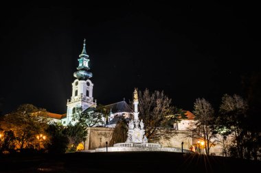 Antik kale ve veba sütunu, Nitra, Slovak Cumhuriyeti. Gece sahne. Kültürel miras. Mimari Tema.