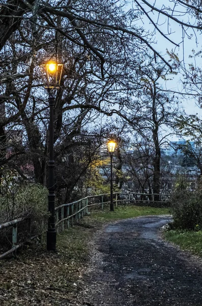 Evening Street Scene Nitra Slovak Republic Lantern Railing Trees — Stock Photo, Image