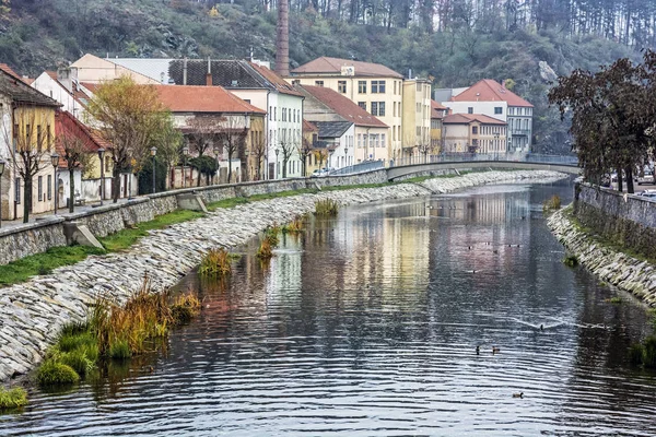 Old Buildings Reflected Jihlava River Trebic Czech Republic Travel Destination — Stock Photo, Image