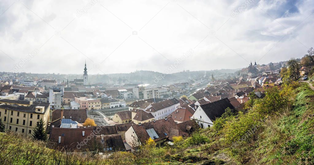Panoramic photo of Trebic town, Czech republic. Travel destination. Architectural theme.