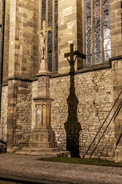 Crucifixion of Jesus Christ, Church of Saint Moritz in Kromeriz, Czech republic. Religious architecture. Night scene.