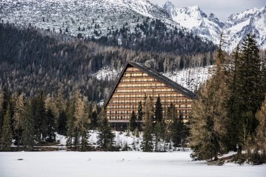 Tepe ve otel Patria Strbske pleso, yüksek Tatras, Slovak Cumhuriyeti. Kış dağlar. Seyahat hedef.