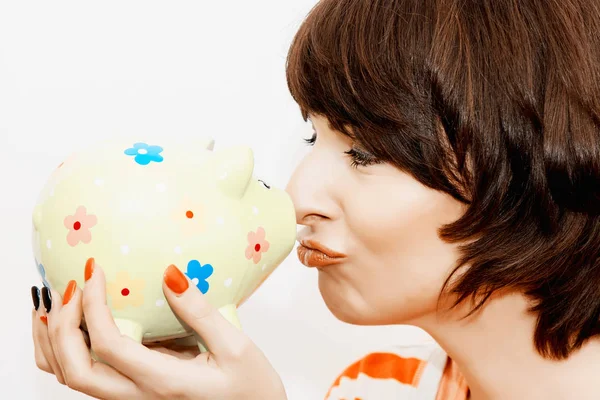 Young Funny Woman Profile Decorative Ceramic Piggy Bank Teal Orange — Stock Photo, Image