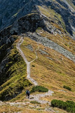Batı Tatras dağlarında, Slovak cumhuriyetinde turistler. Yürüyüş teması. Mevsimsel doğal sahne.