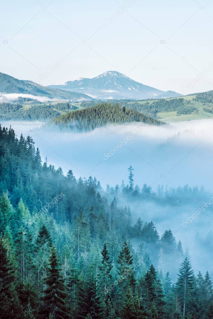 Seasonal natural scene with morning fog, Orava Region, Slovak republic. Travel destination. Big Choc in the background.
