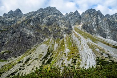 Mengusovska vadisi manzarası, yüksek Tatras dağları, Slovak cumhuriyeti. Yürüyüş teması. Mevsimsel doğal sahne.