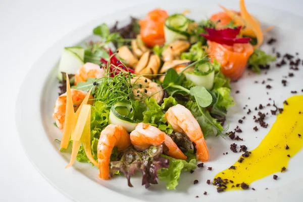 Ensalada Fresca Mariscos Con Camarones Mejillones Salmón Verde Pepino — Foto de Stock